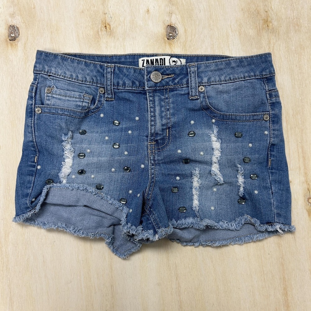 Y2K‎ Zanadi Shorts Womens 7 Blue Denim Rhinestone Distressed Cutoff Raw Hem
